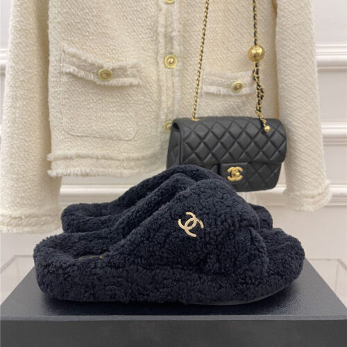 High Quality Luxury Chanel Cc Cross Strap Lambswool Slippers – Style 80262 product detail