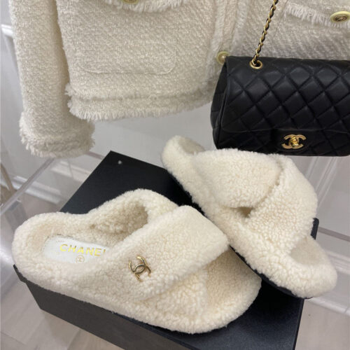 High Quality Luxury Chanel Cc Cross Strap Lambswool Slippers