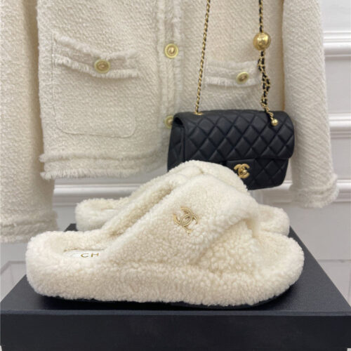 High Quality Luxury Chanel Cc Cross Strap Lambswool Slippers alternate view