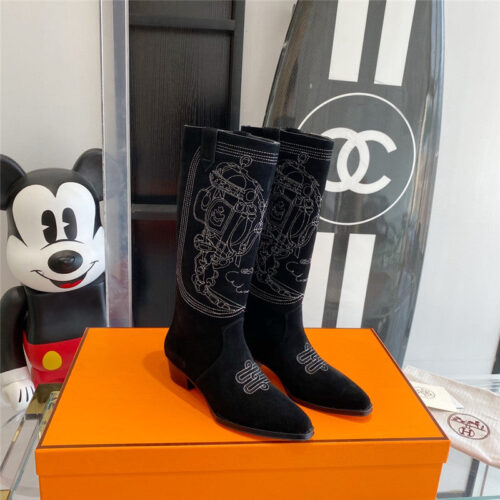 High Quality Luxury Hermes Embroidered Long Boots