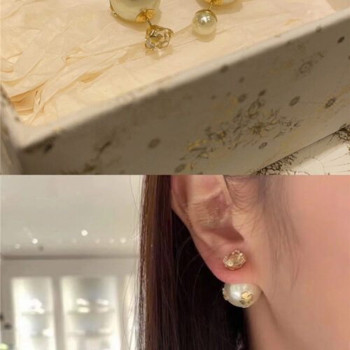 High Quality Luxury Dior Tribales Asymmetric Rhinestone Pearl Earrings alternate view