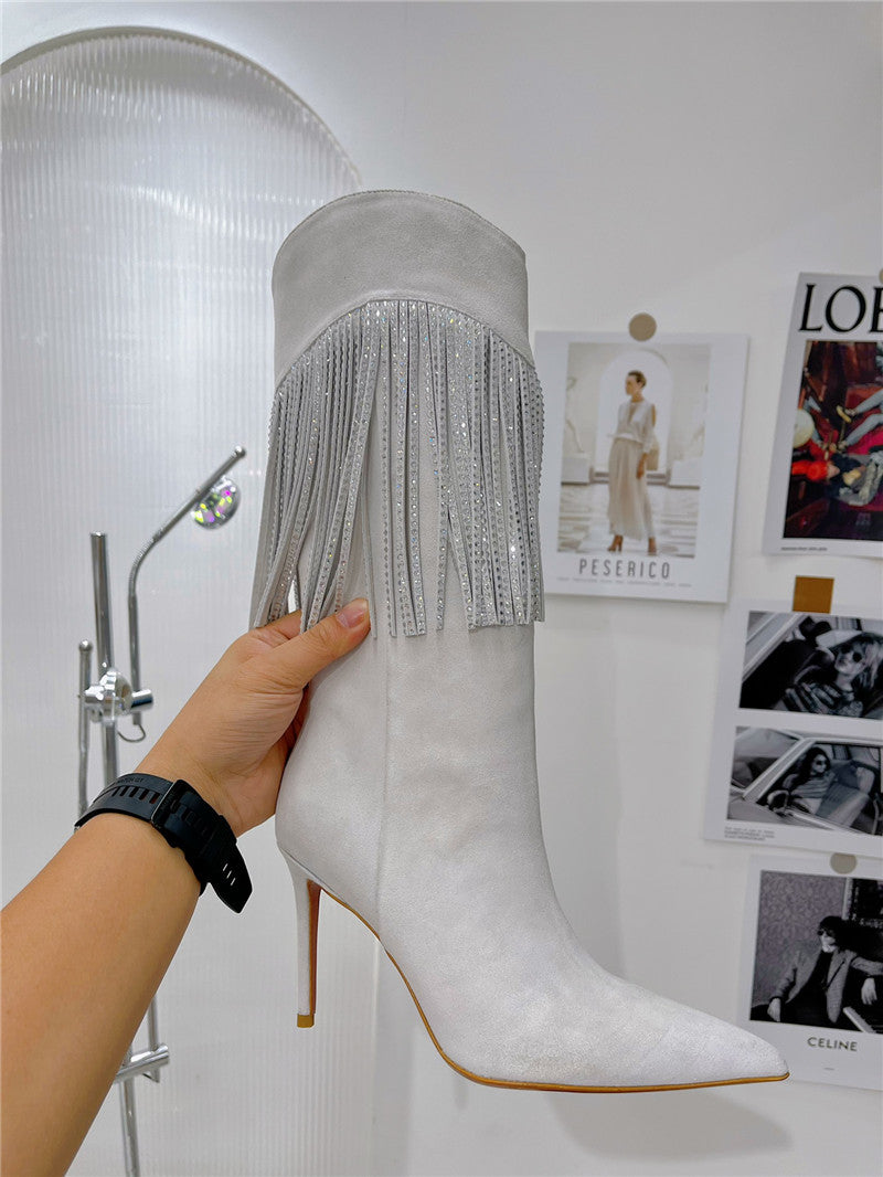 High Quality Luxury Amina Muaddi Fringed Long Boots – Style 55747 product detail