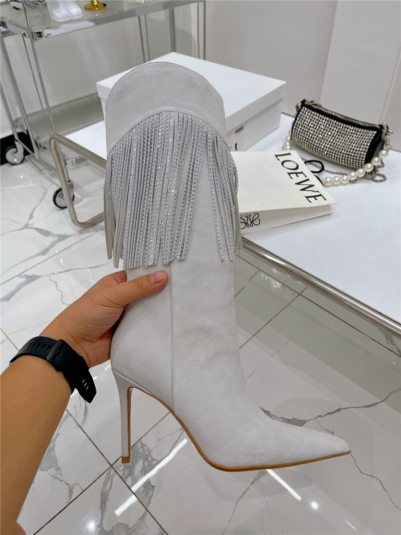 High Quality Luxury Amina Muaddi Fringed Long Boots – Style 55747 product detail