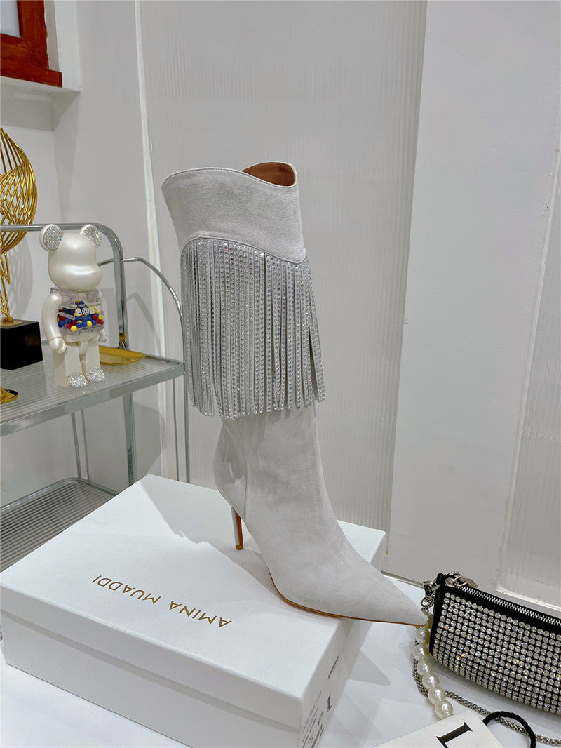 High Quality Luxury Amina Muaddi Fringed Long Boots – Style 55747 product detail