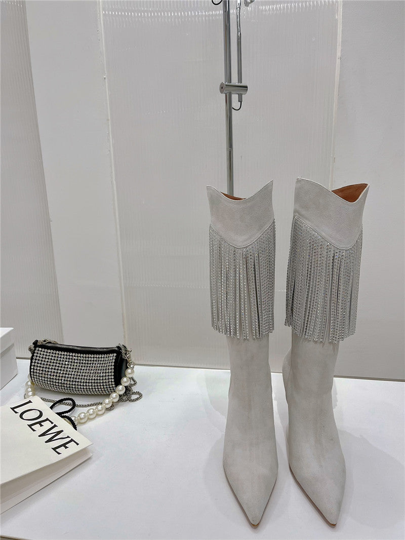 High Quality Luxury Amina Muaddi Fringed Long Boots – Style 55747 product detail