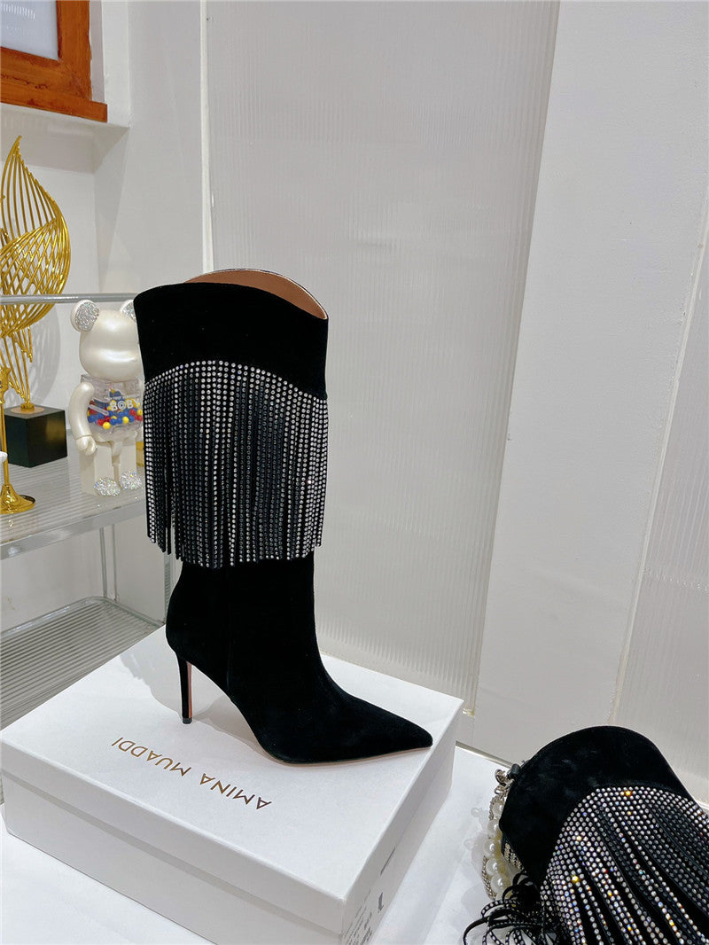 High Quality Luxury Amina Muaddi Fringed Long Boots – Style 21283 product detail