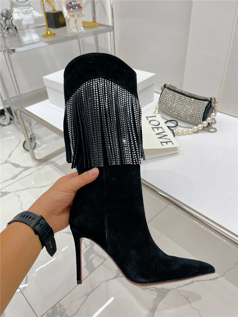 High Quality Luxury Amina Muaddi Fringed Long Boots – Style 21283 product detail