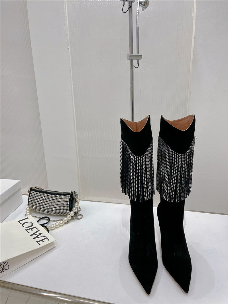High Quality Luxury Amina Muaddi Fringed Long Boots – Style 21283 product detail