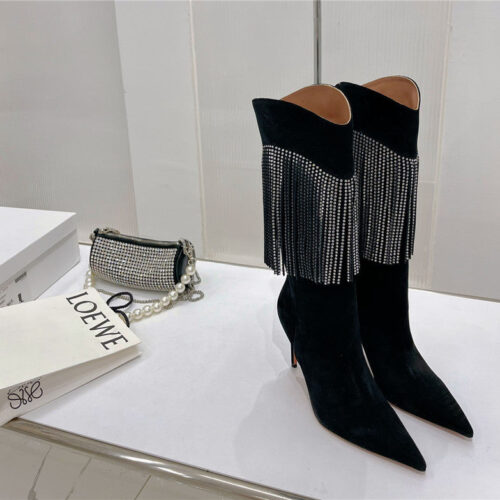 High Quality Luxury Amina Muaddi Fringed Long Boots – Style 21283