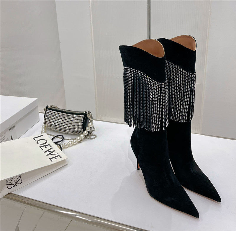 High Quality Luxury Amina Muaddi Fringed Long Boots – Style 21283