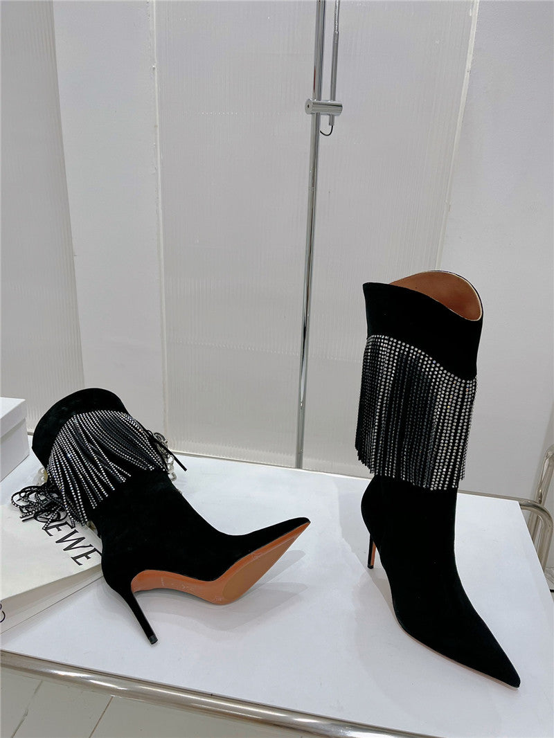 High Quality Luxury Amina Muaddi Fringed Long Boots – Style 21283 product detail