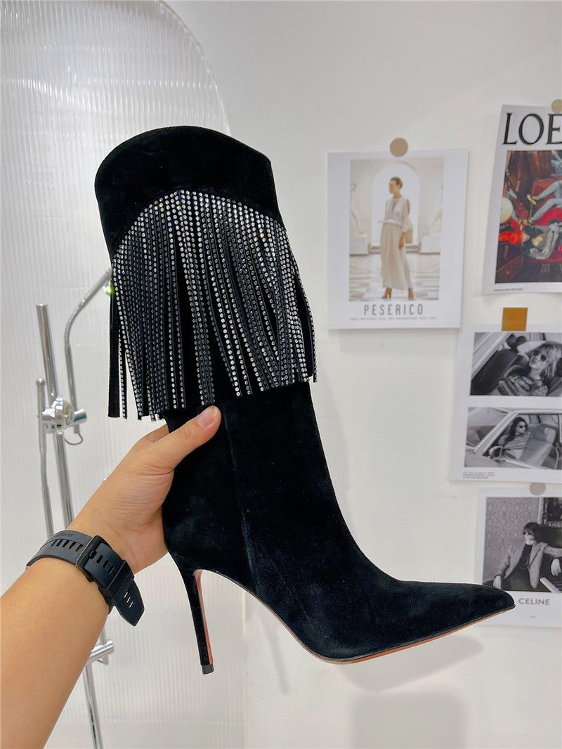 High Quality Luxury Amina Muaddi Fringed Long Boots – Style 21283 product detail
