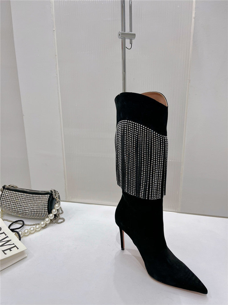 High Quality Luxury Amina Muaddi Fringed Long Boots – Style 21283 product detail