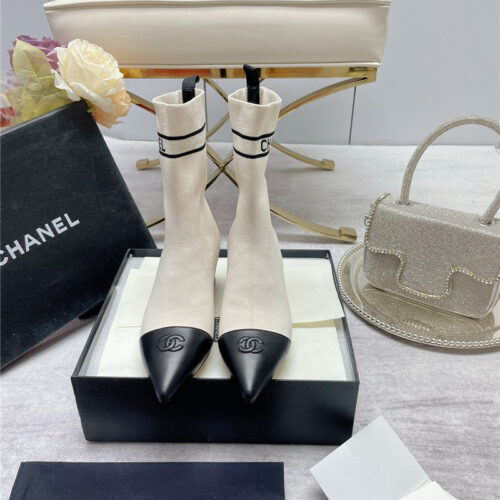 High Quality Luxury Chanel Logo Pointed Toe Chunky Heel Ankle Boots alternate view
