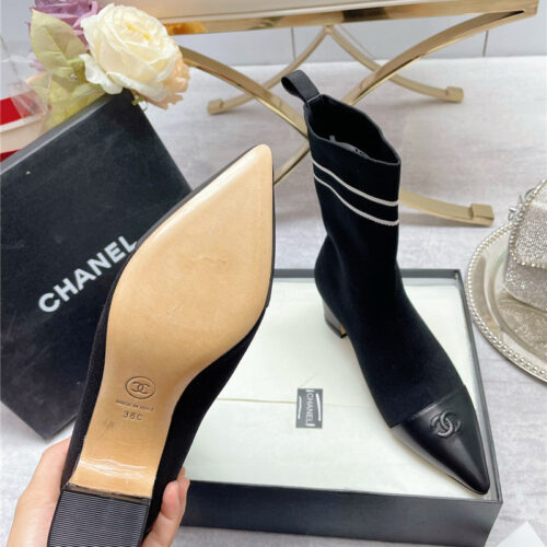 High Quality Luxury Chanel Logo Pointed Toe Chunky Heel Ankle Boots – Style 64678 product detail