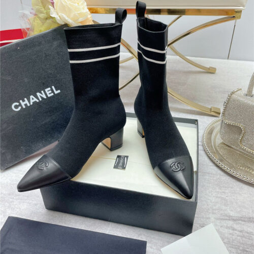 High Quality Luxury Chanel Logo Pointed Toe Chunky Heel Ankle Boots – Style 64678 alternate view