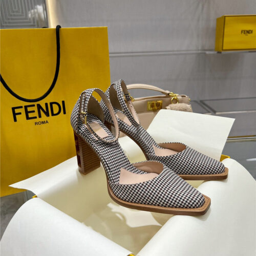 High Quality Luxury Fendi Square Toe FF Hollow Heel Court Shoes – Style 85107