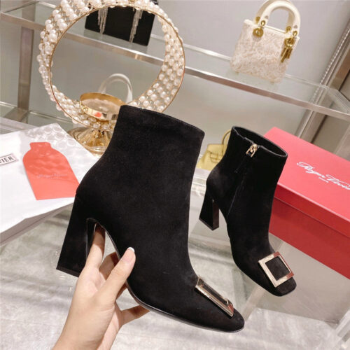 High Quality Luxury Roger Vivier Metal Square Buckle Ankle Boots – Style 41076