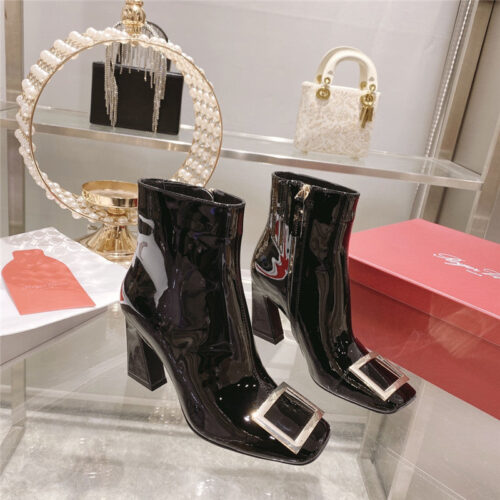 High Quality Luxury Roger Vivier Metal Square Buckle Ankle Boots – Style 34292