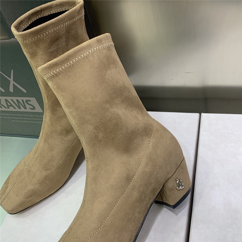 High Quality Luxury Jimmy Choo Logo Block Heel Square Toe Ankle Boots product detail