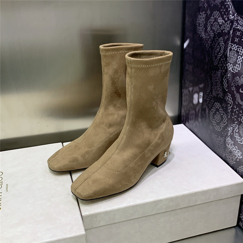 High Quality Luxury Jimmy Choo Logo Block Heel Square Toe Ankle Boots product detail
