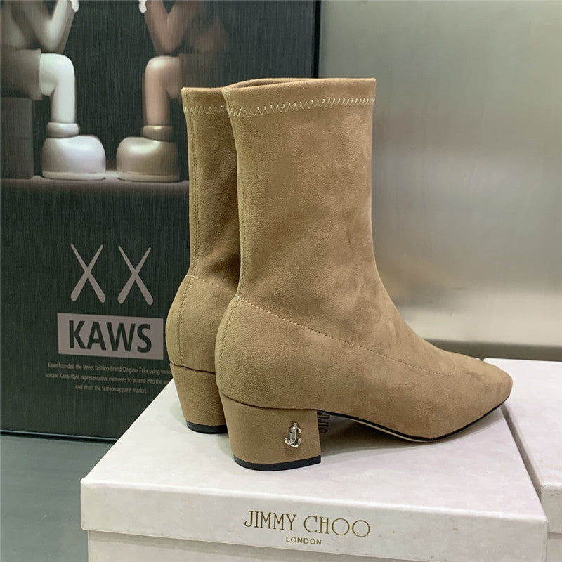 High Quality Luxury Jimmy Choo Logo Block Heel Square Toe Ankle Boots product detail