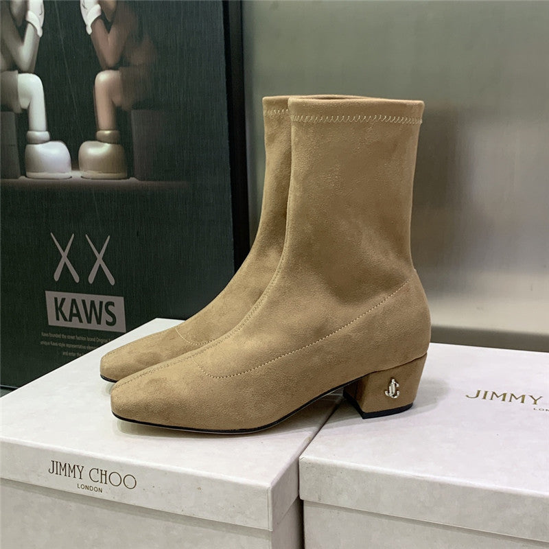 High Quality Luxury Jimmy Choo Logo Block Heel Square Toe Ankle Boots product detail