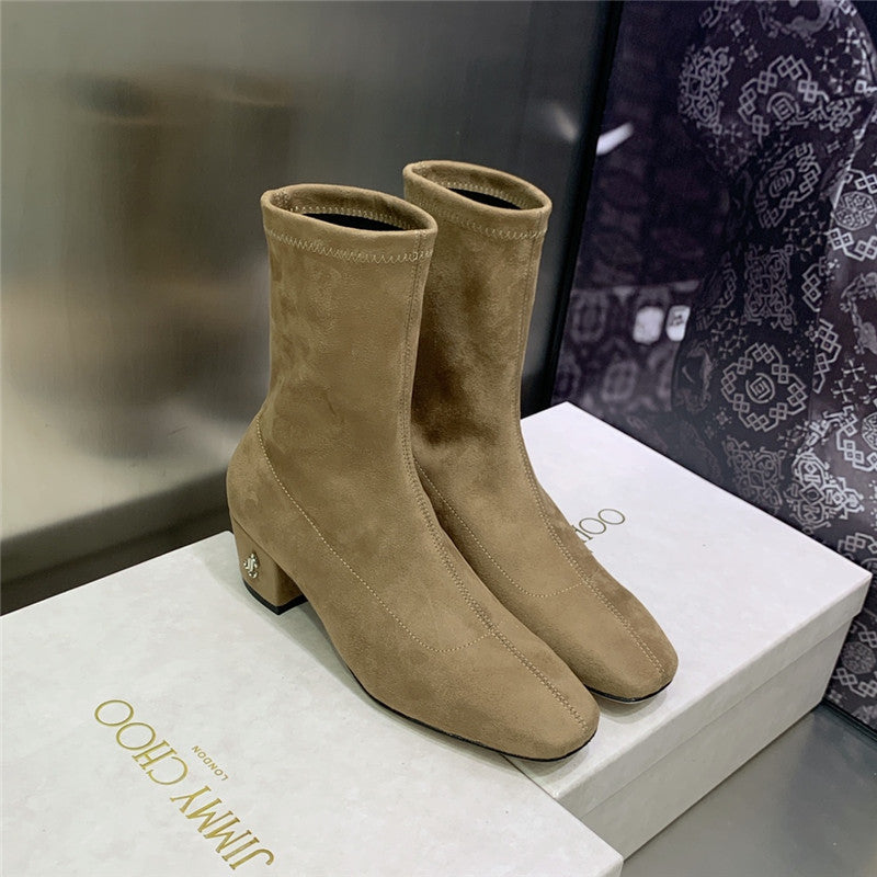 High Quality Luxury Jimmy Choo Logo Block Heel Square Toe Ankle Boots
