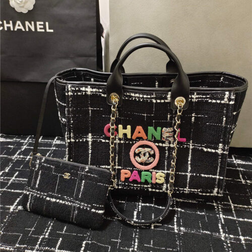 High Quality Luxury Chanel Colorful Letters Woolen Plaid Beach Bag