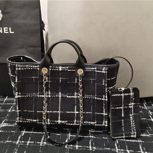 High Quality Luxury Chanel Colorful Letters Woolen Plaid Beach Bag alternate view