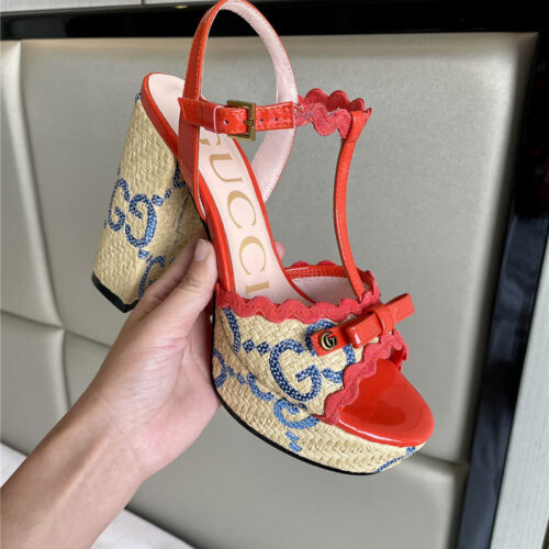 High Quality Luxury Gucci Spring New Straw Platform High Heels – Style 61459 product detail