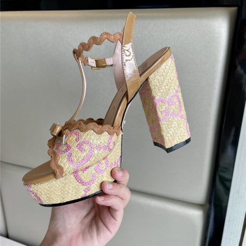 High Quality Luxury Gucci Spring New Straw Platform High Heels – Style 28691 alternate view