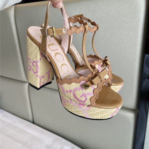 High Quality Luxury Gucci Spring New Straw Platform High Heels – Style 28691 product detail