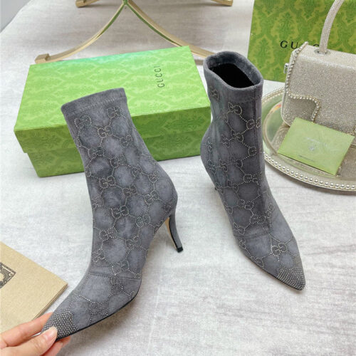 High Quality Luxury Gucci Pointed Toe Rhinestone High-Heeled Ankle Boots alternate view