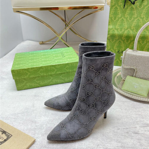 High Quality Luxury Gucci Pointed Toe Rhinestone High-Heeled Ankle Boots product detail