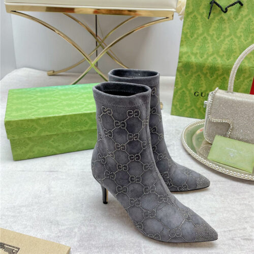High Quality Luxury Gucci Pointed Toe Rhinestone High-Heeled Ankle Boots