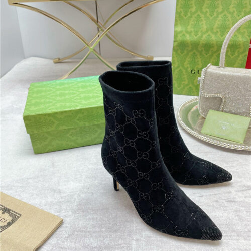 High Quality Luxury Gucci Pointed Toe Rhinestone High-Heeled Ankle Boots – Style 24883