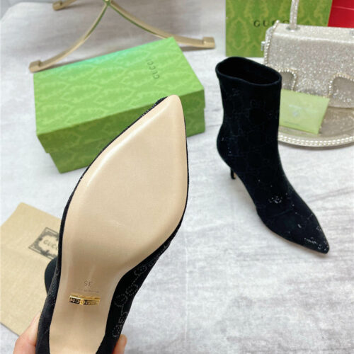 High Quality Luxury Gucci Pointed Toe Rhinestone High-Heeled Ankle Boots – Style 24883 product detail