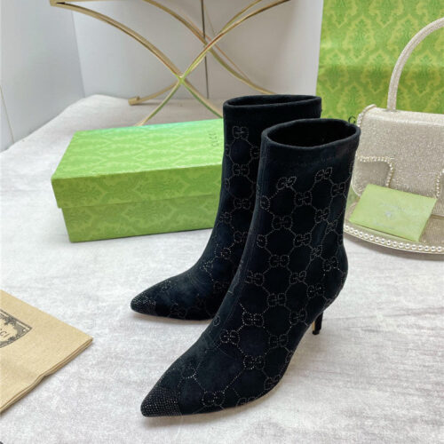 High Quality Luxury Gucci Pointed Toe Rhinestone High-Heeled Ankle Boots – Style 24883 product detail