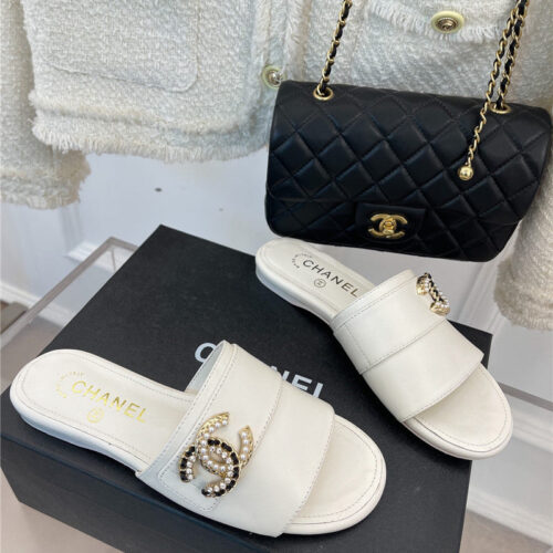 High Quality Luxury Chanel Cc Pearl Rhinestone Buckle Slippers – Style 44646