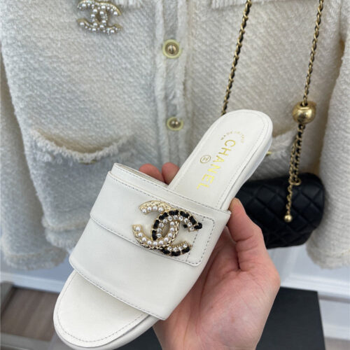 High Quality Luxury Chanel Cc Pearl Rhinestone Buckle Slippers – Style 44646 product detail