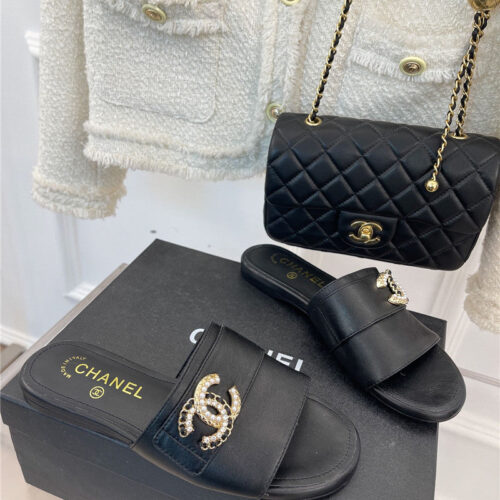 High Quality Luxury Chanel Cc Pearl Rhinestone Buckle Slippers