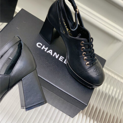 High Quality Luxury Chanel Lace Up Chunky Heel Womens Shoes alternate view