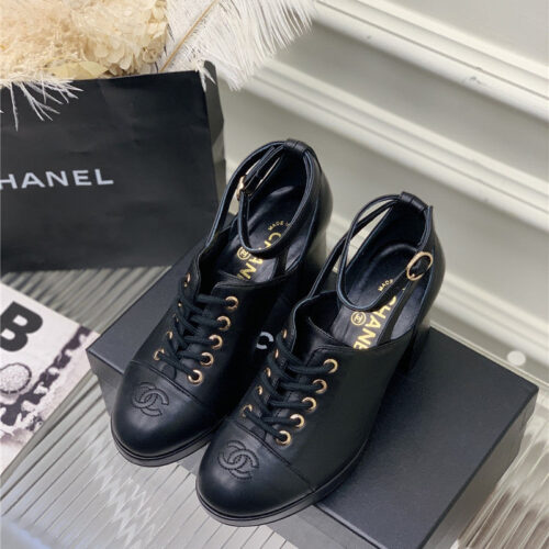 High Quality Luxury Chanel Lace Up Chunky Heel Womens Shoes