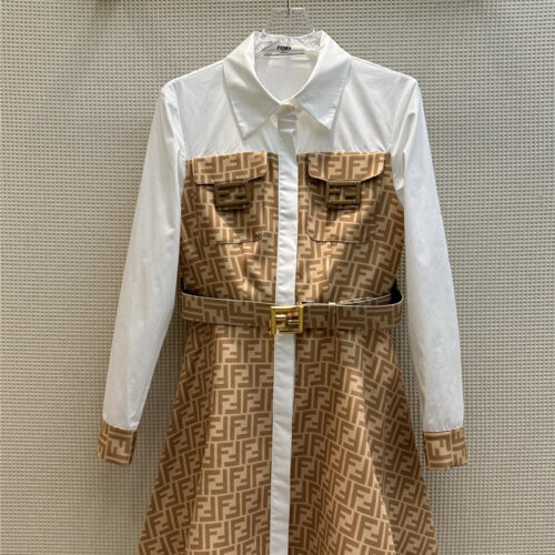 High Quality Luxury Fendi Double F Paneled Shirt-Breasted Dress