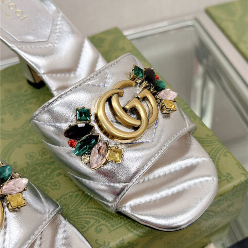 High Quality Luxury Gucci Double G Colored Diamond Buckle High-Heeled Slippers – Style 48659 product detail