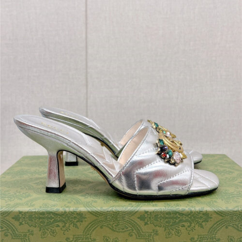 High Quality Luxury Gucci Double G Colored Diamond Buckle High-Heeled Slippers – Style 48659