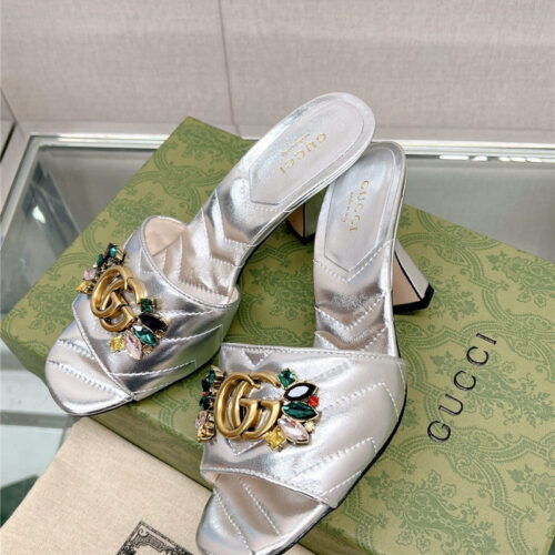High Quality Luxury Gucci Double G Colored Diamond Buckle High-Heeled Slippers – Style 48659 alternate view