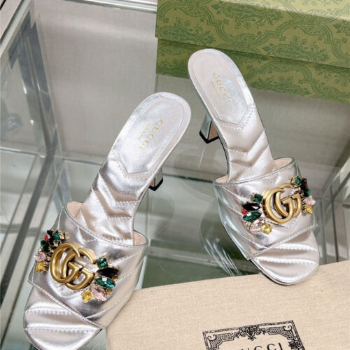 High Quality Luxury Gucci Double G Colored Diamond Buckle High-Heeled Slippers – Style 48659 product detail
