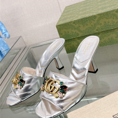 High Quality Luxury Gucci Double G Colored Diamond Buckle High-Heeled Slippers – Style 48659 product detail